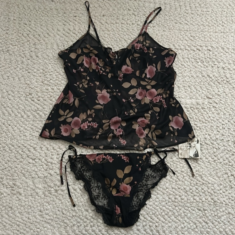 Marks & Spencer floral print lace trim cami & side tie lace back panty set NWT